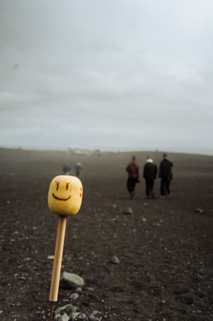 Yellow toy head on a stick against a black sand beach