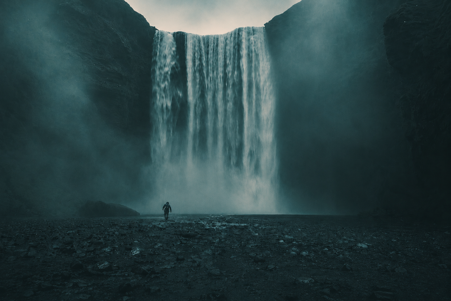 Cinematic waterfall landscape with a solitary figure near the base of the falls